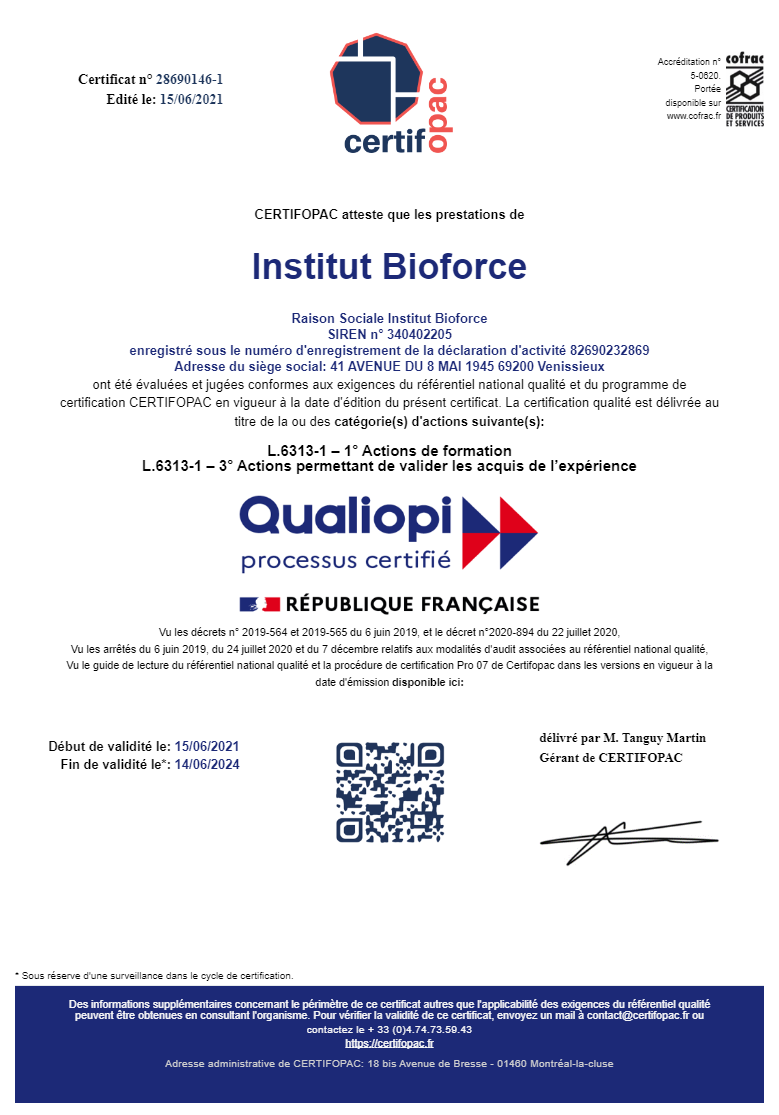 Certificat Qualiopi pour Institut Bioforce - 06/2021-06/2024