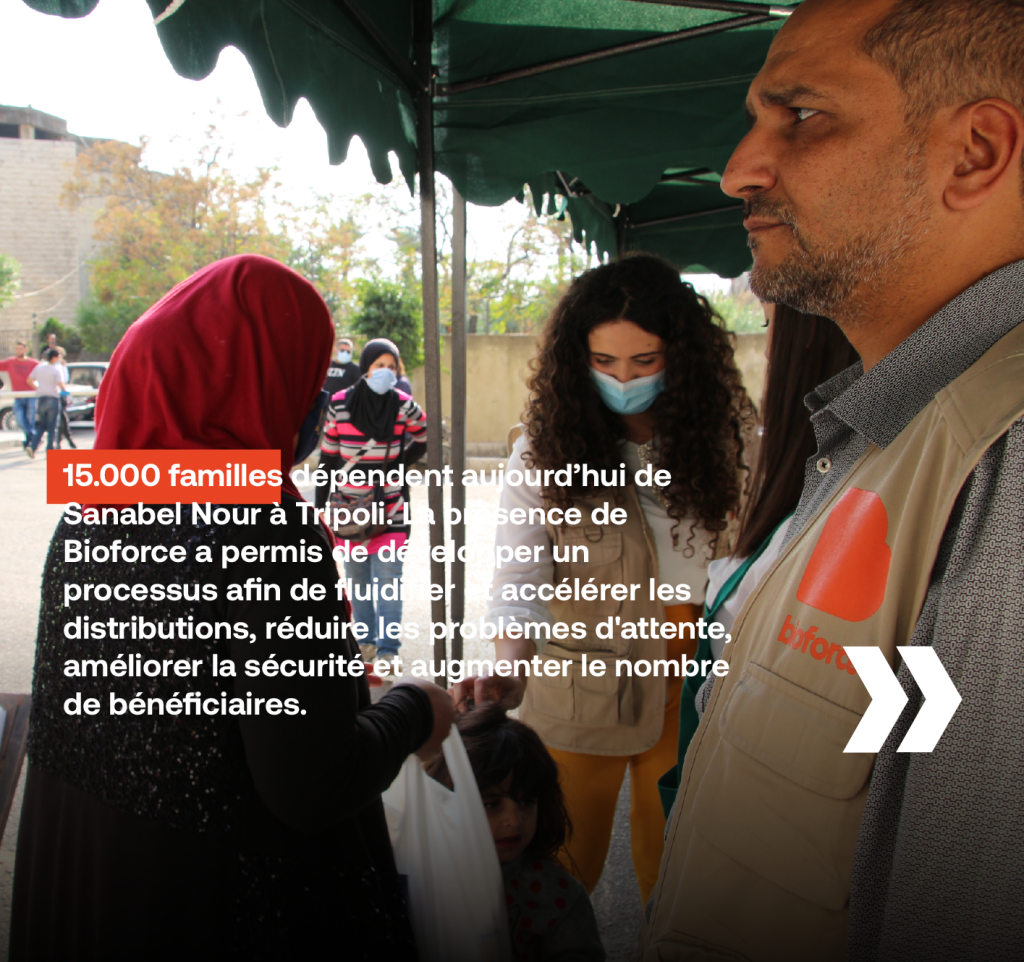 15.000 familles dépendent aujourd’hui de Sanabel Nour à Tripoli. La présence de Bioforce a permis de développer un processus afin de fluidifier et accélérer les distributions, réduire les problèmes d'attente, améliorer la sécurité et augmenter le nombre de bénéficiaires.