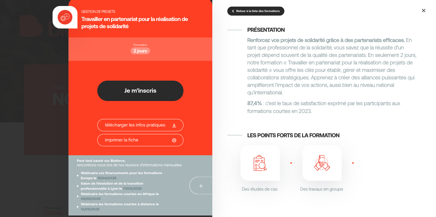 Capture d'écran fiche formation Travailler en partenariat pour la réalisation de projets de solidarité