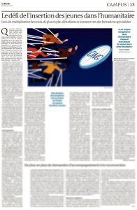 Image d'illustration : coupure de presse du quotidien Le Monde - Le défi de l’insertion des jeunes diplômés dans l’humanitaire