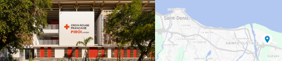 Montage combiannt photo de la façade du PIROI Center et carte géographique de la localisation du centre à La Réunion