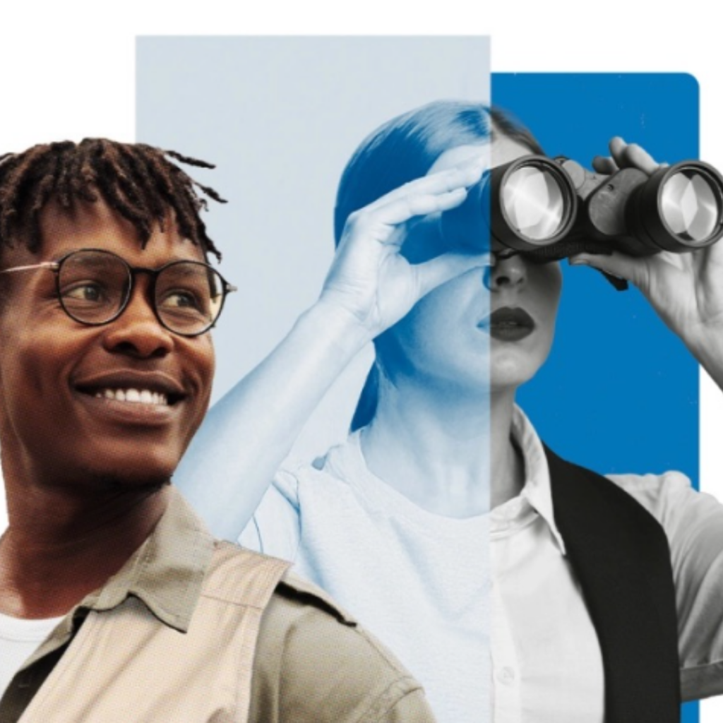 Visuel d’un homme souriant et d’une femme regardant à travers des jumelles.