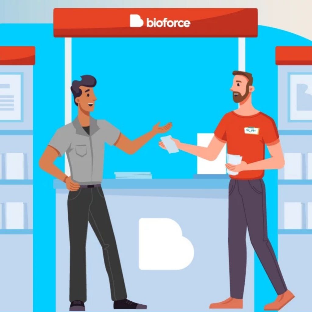 Illustration de deux personnes devant un stand au Mondial des Métiers.